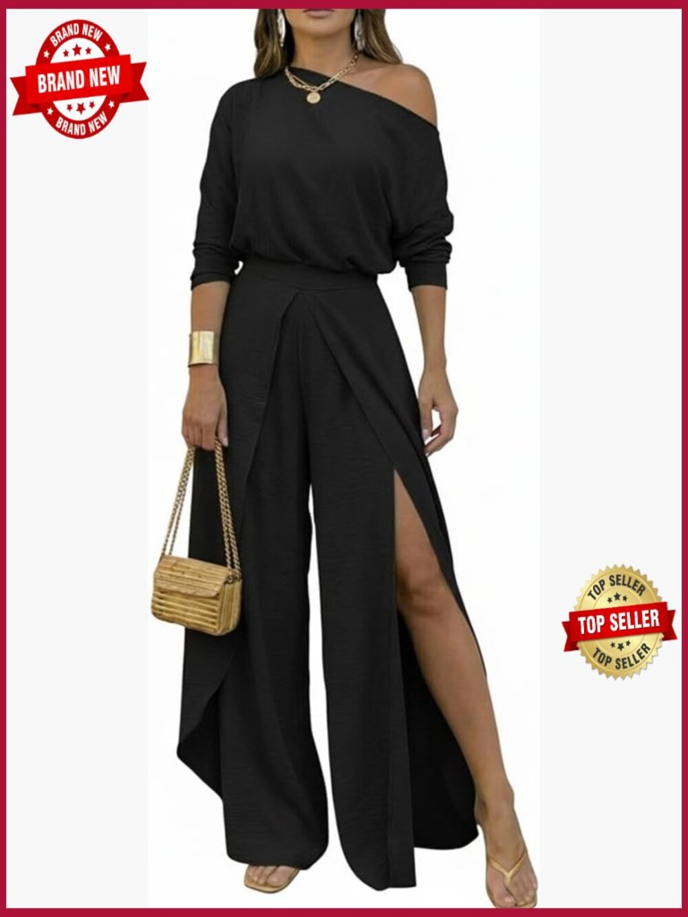 Off Shoulder 2 Piece Set - Batwing Sleeve Top & Wide Leg Pants Flowy Matching